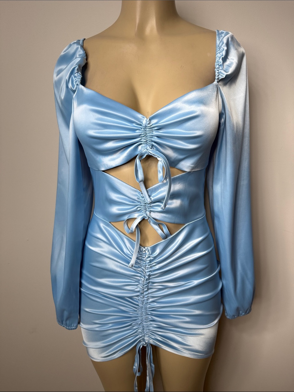 AKIRA Light Blue Satin Ruched Cutout Mini Dress